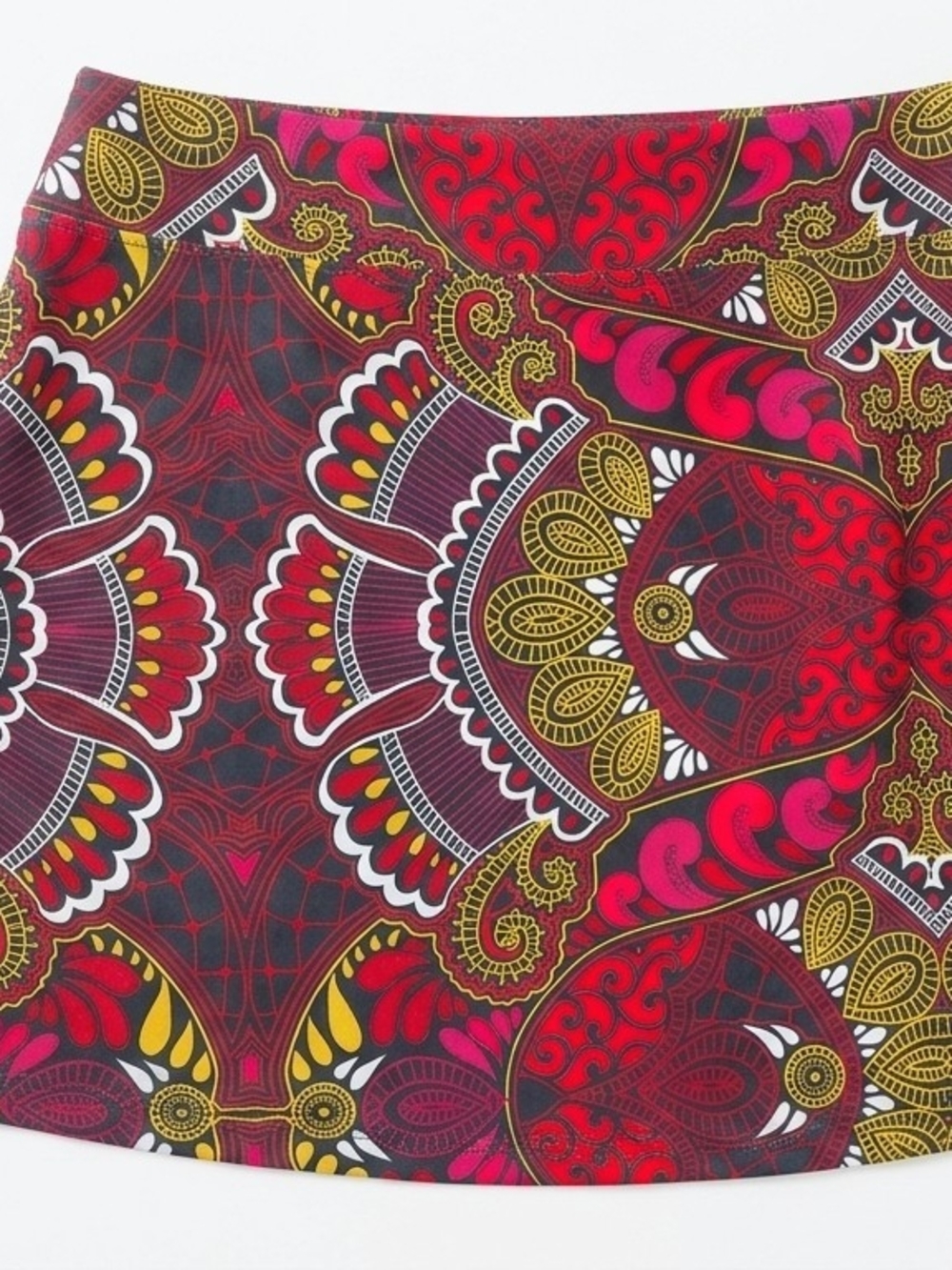 Athleta Red Paisley & Gold Accent Mini Skirt